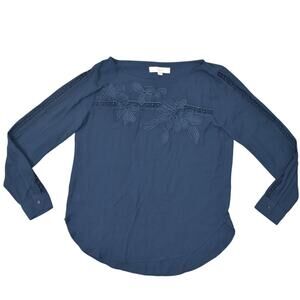 Loft Blue Polyester Blouse Size S Long Sleeve Crew Neck Floral Solid Top